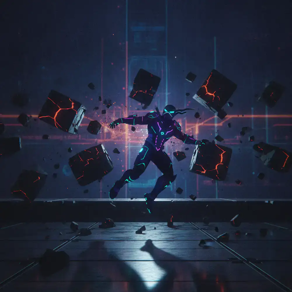 Personaje de arcade esquivando bloques en un nivel avanzado
