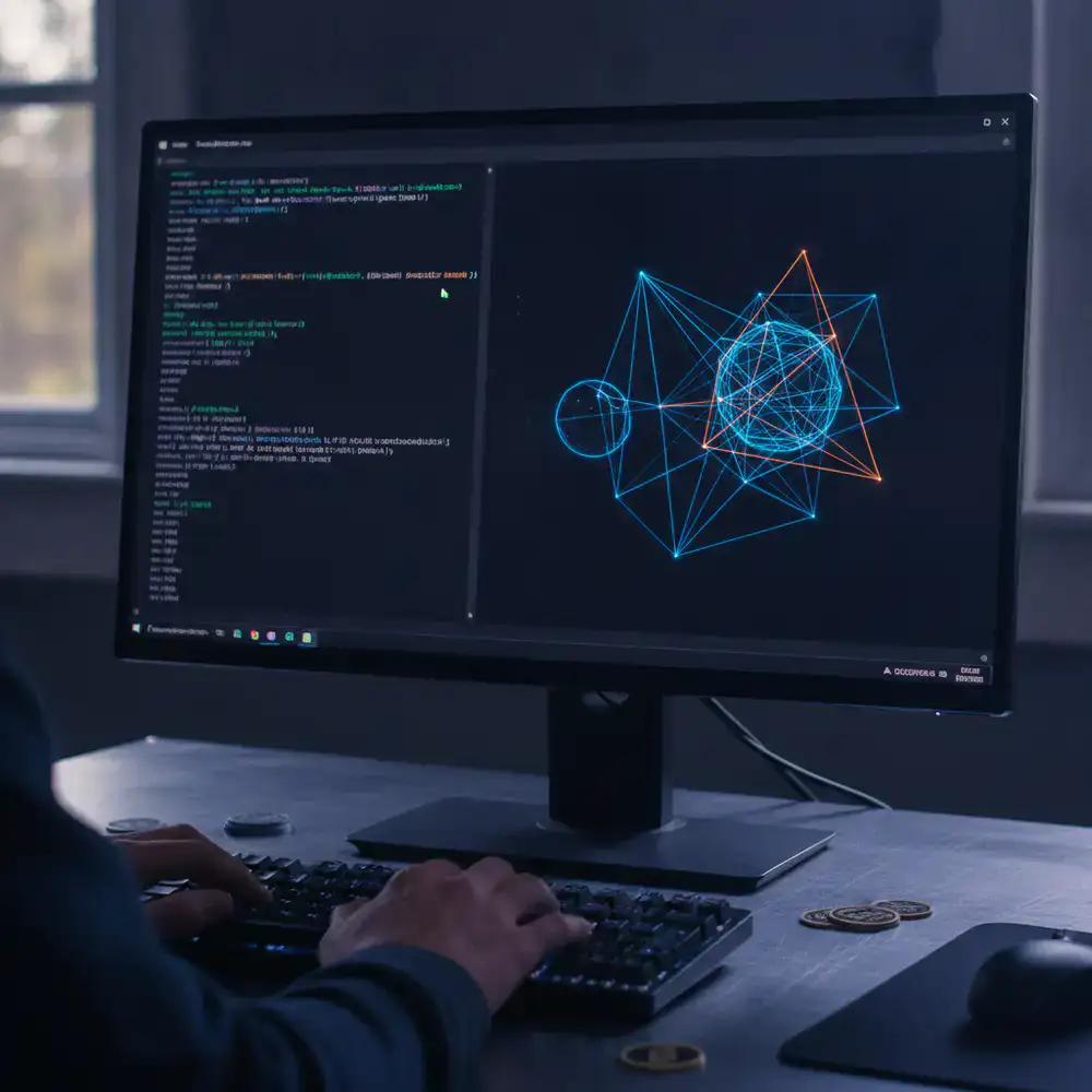 Pantalla con código y wireframes del motor de colisiones