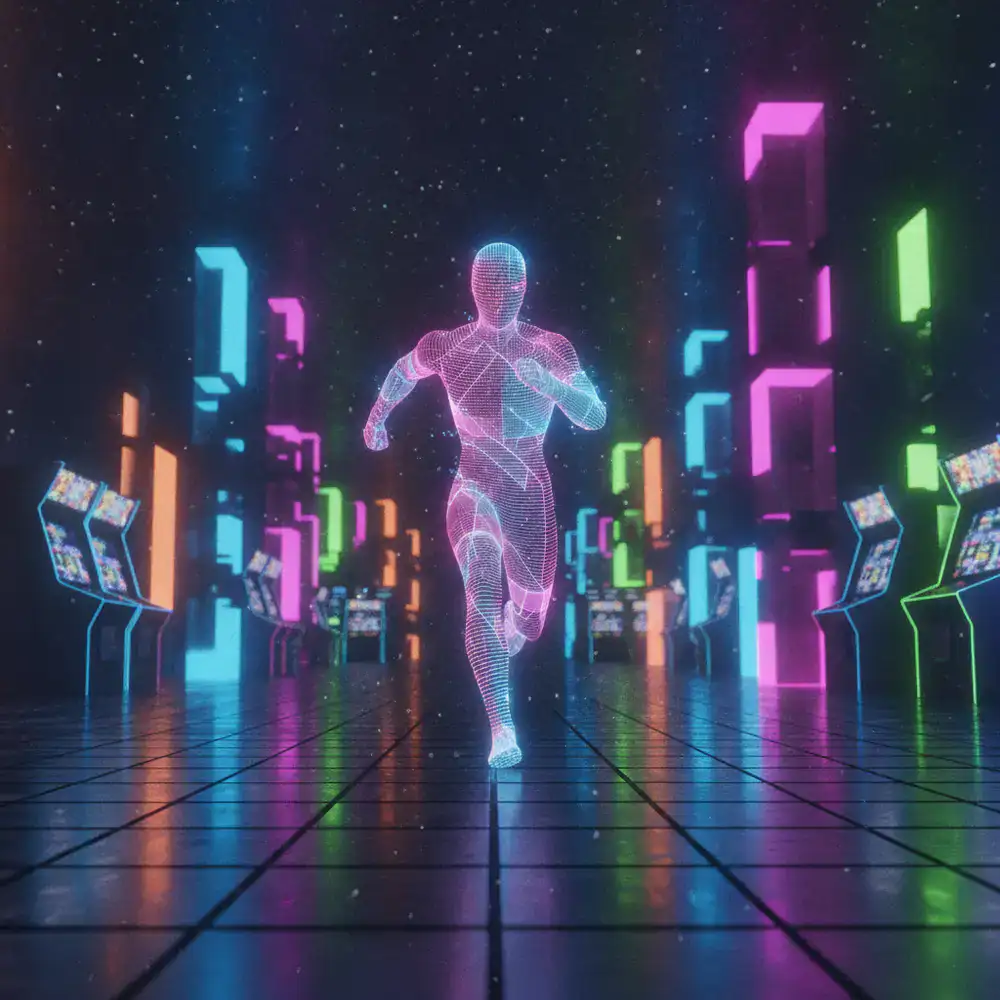 Personaje digital moviéndose entre bloques de neón brillantes en un entorno arcade 3D