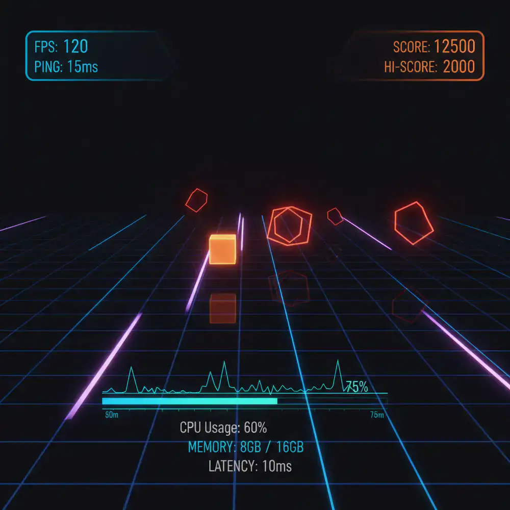 Captura de pantalla técnica de DodgeBlock mostrando métricas de rendimiento superpuestas en el juego